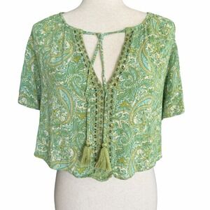 Zara Cropped Paisley Blouse Top Medium Tassels Beaded Indie Boho Festival Green
